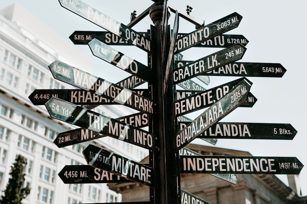 Close-up of a directional signpost with city names and distances in an urban setting.